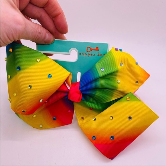 NWT Copper Key Hair Barrette Rainbow Bow with Rhinestones. Large. 6-7" - Picture 2 of 7